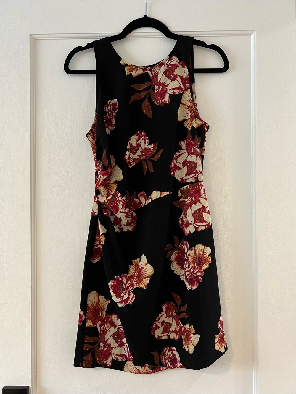 Leith Black Sleeveless Midi Dress with Burgundy and Gold Floral Print
